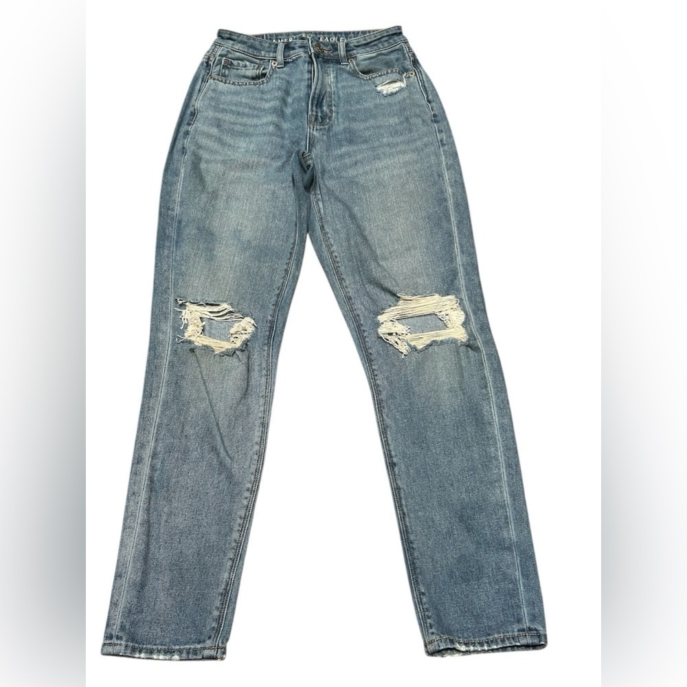American Eagle Ripped Mom Jeans High Rise Comfort Stretch Denim Distressed 00